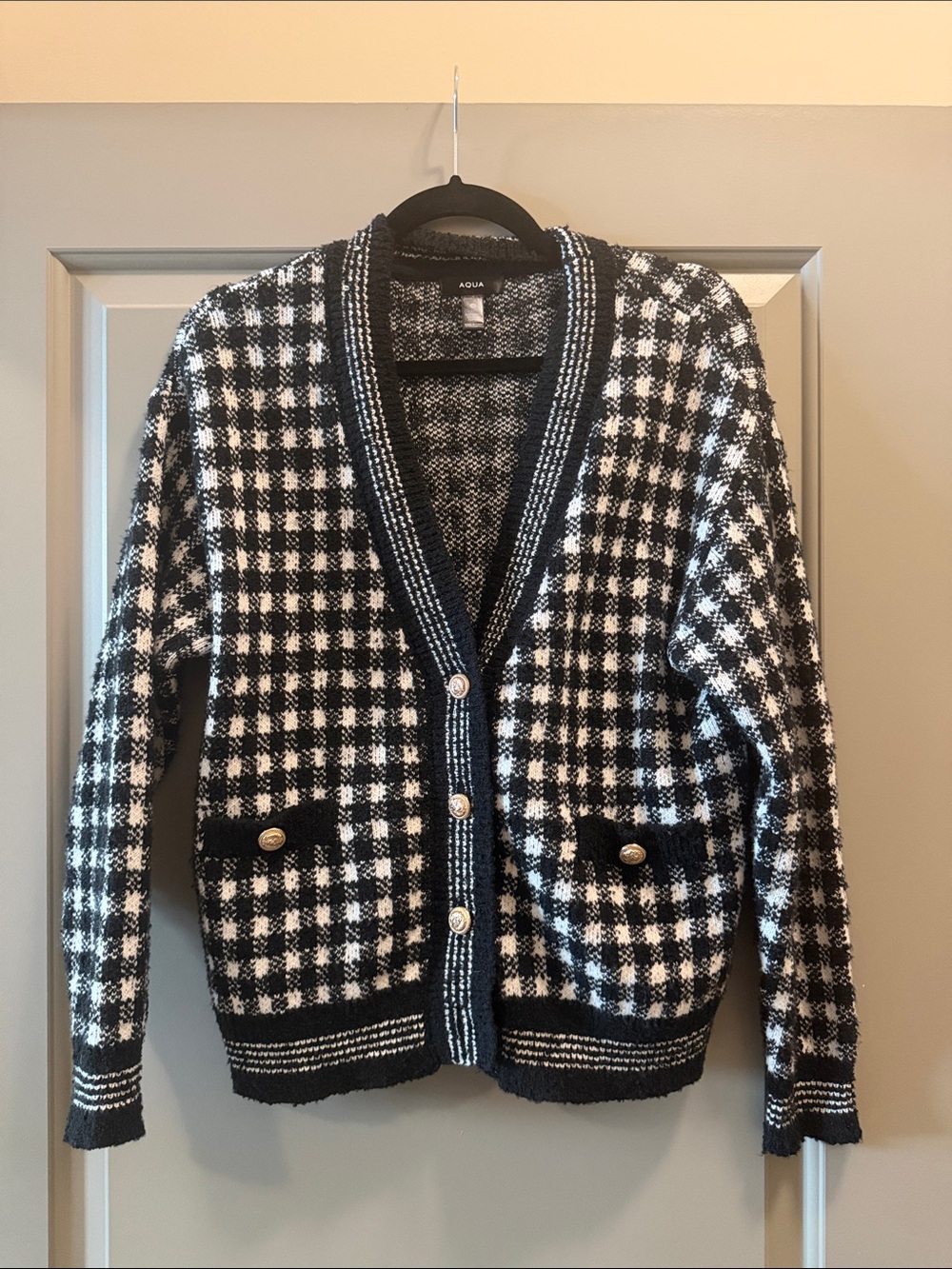 Aqua Black and White Checkered Knit Cardigan
